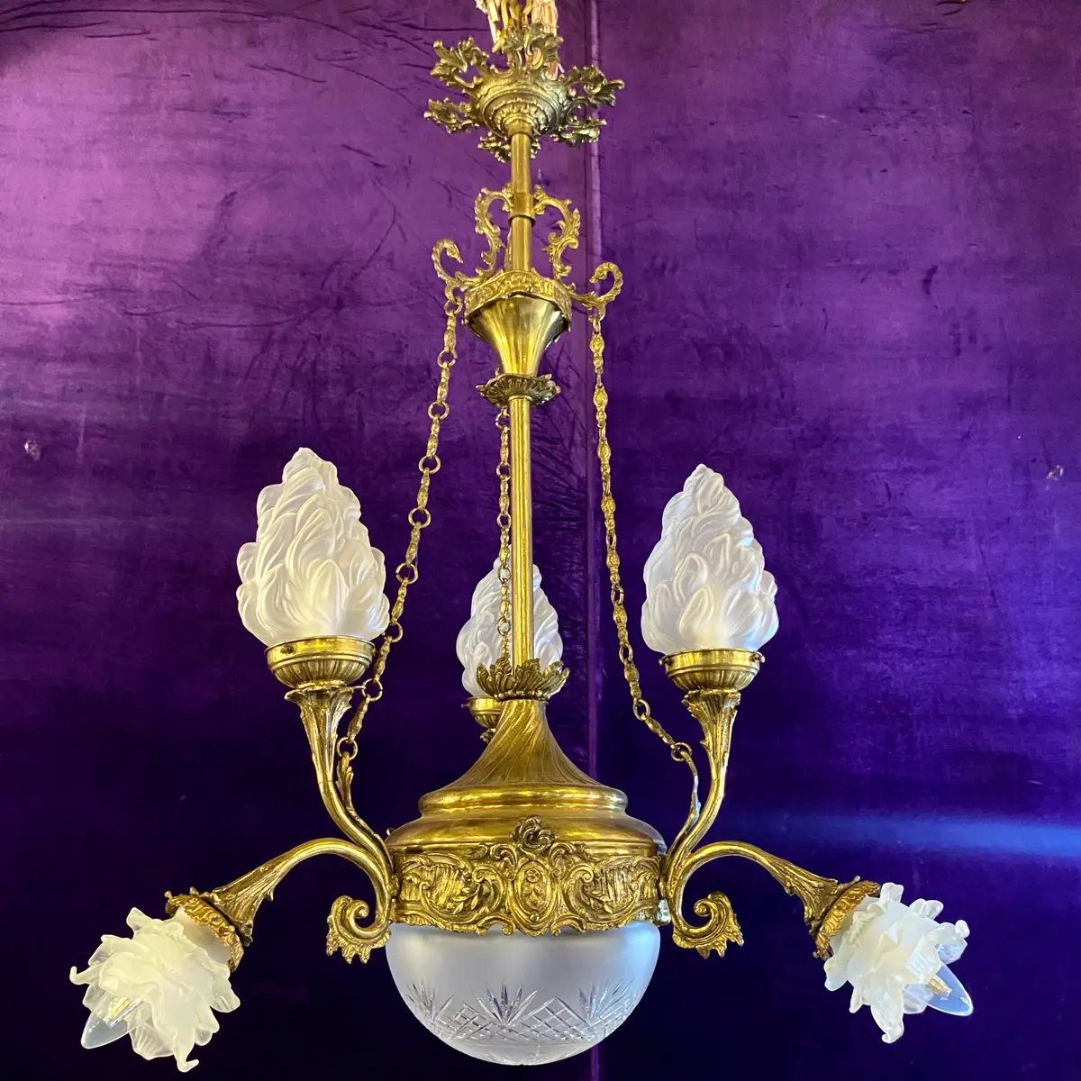 Victorian Cast Brass Pendant With Original Etched Glass Shades - Sold 1