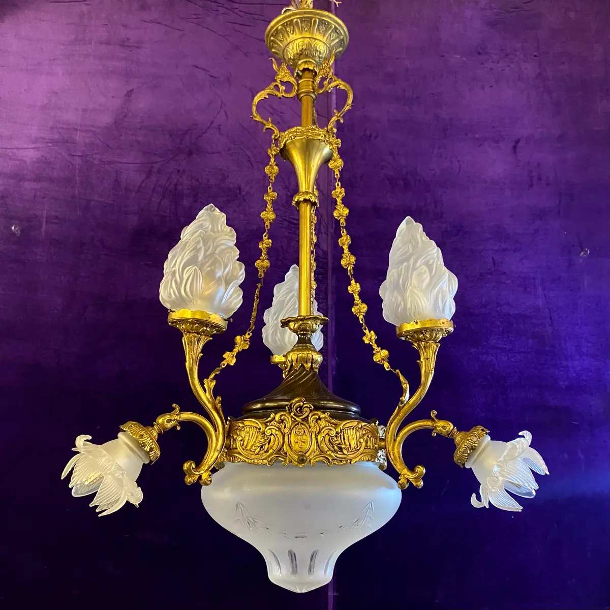 Rare Gilt Empire Chandelier With Original Etched Glass Shades - Sold 1