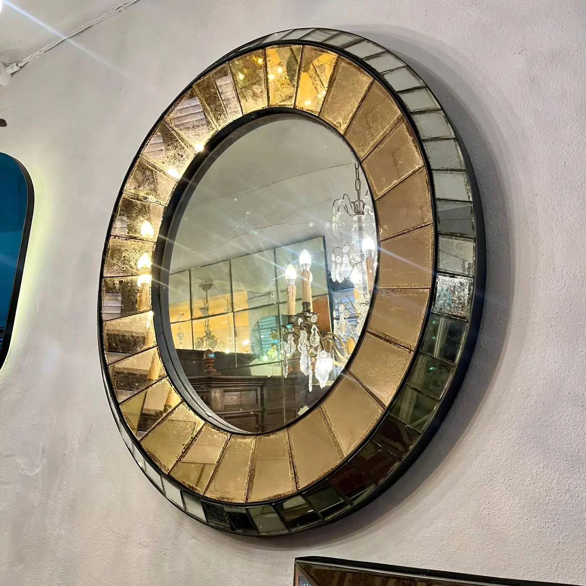 Contemporary Aged Oval Mirror With Rose Gold Glass Panels 1