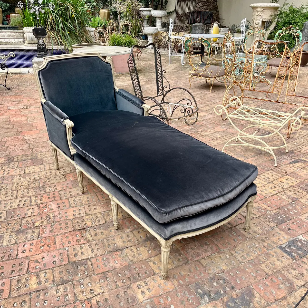 French Chaise Lounge In Aged Charcoal Velvet 1