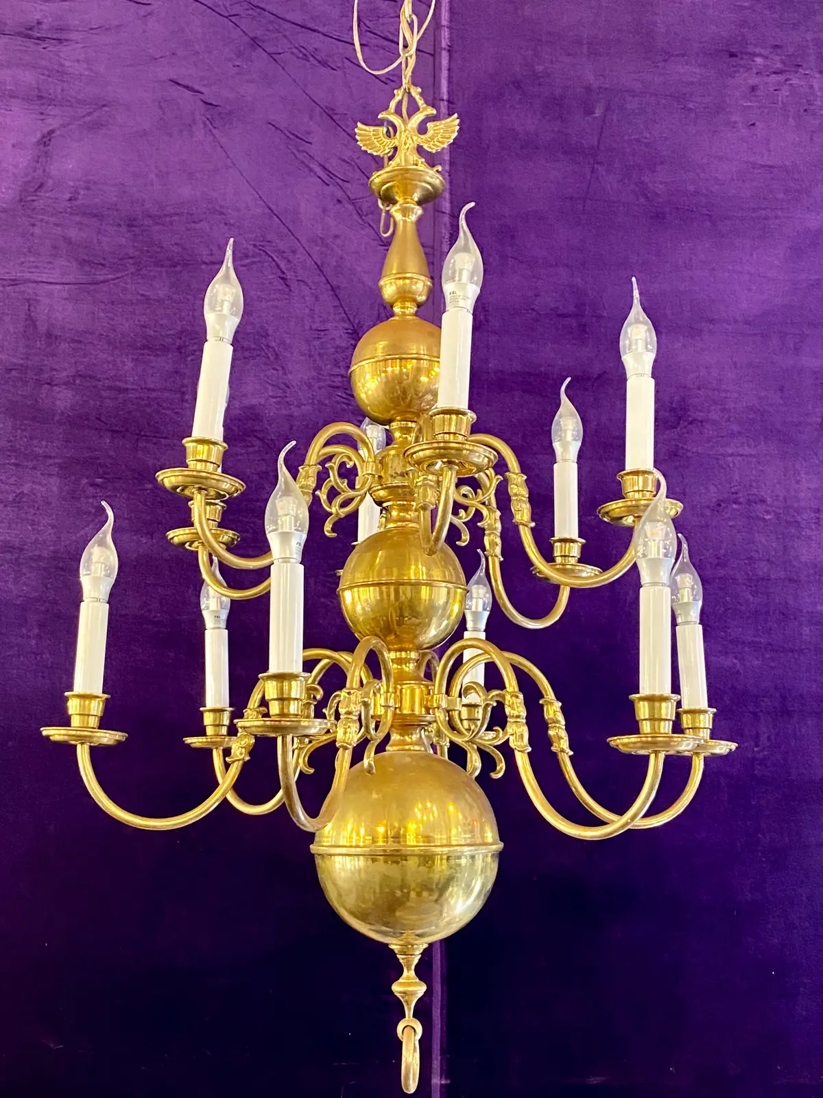 An Antique Polished Brass Double Tier Chandelier - Sold 1