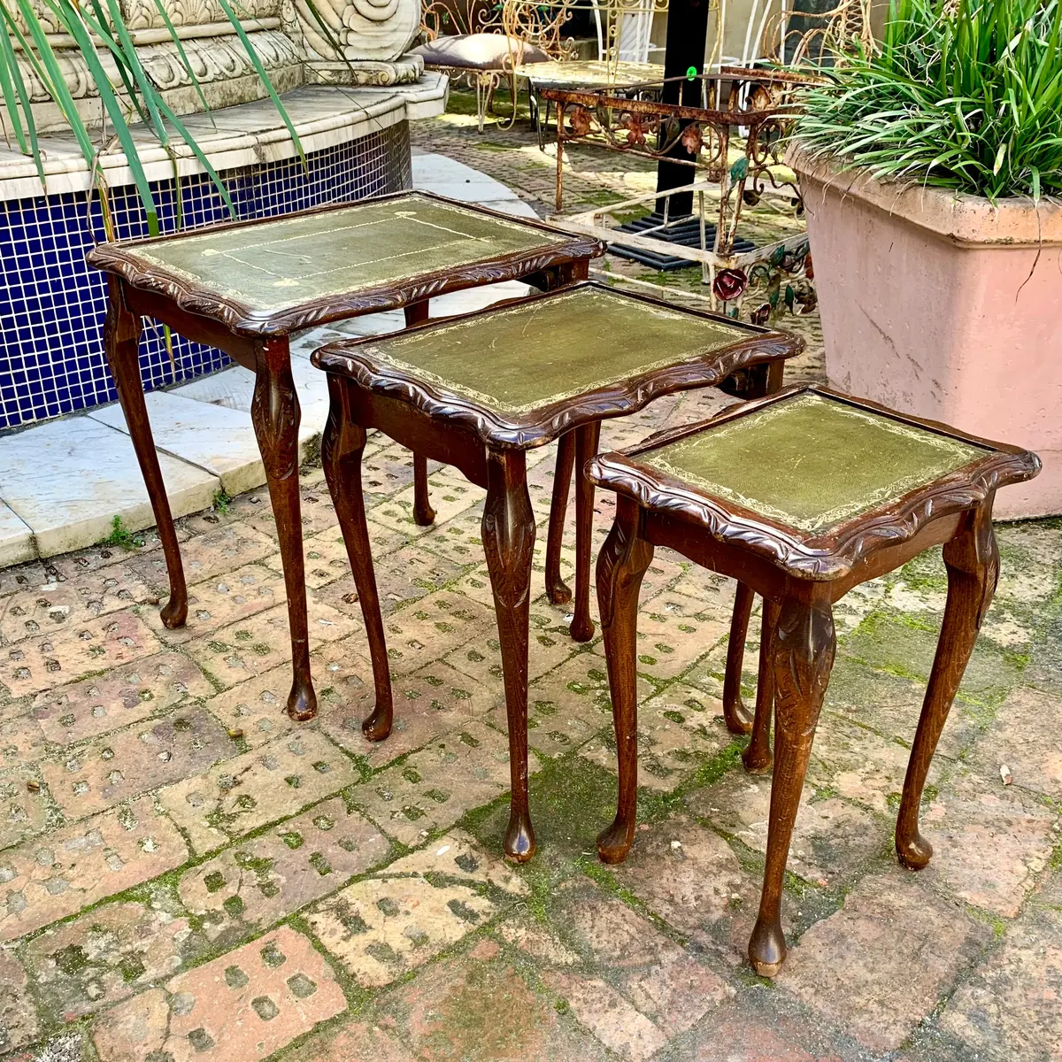 Antique Oak Nesting Tables With Leather Pads - Sold 1