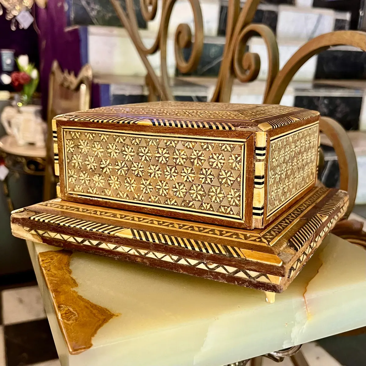 Vintage Syrian Mosaic Bone Inlay Cigerette Dispenser & Music Box - Sold 1