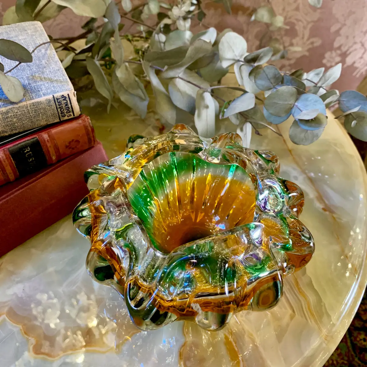 Gorgeous Green And Gold Murano Bowl 1