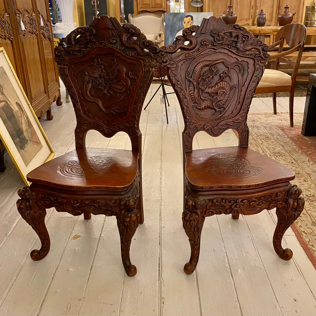Pair Of Antique Hand Carved Asian Chairs - Sold 1