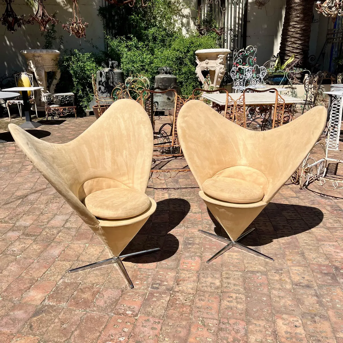 Pair Of Mid-Century Panton Style Cone Chairs In Mock Beige Suede - Sold 1