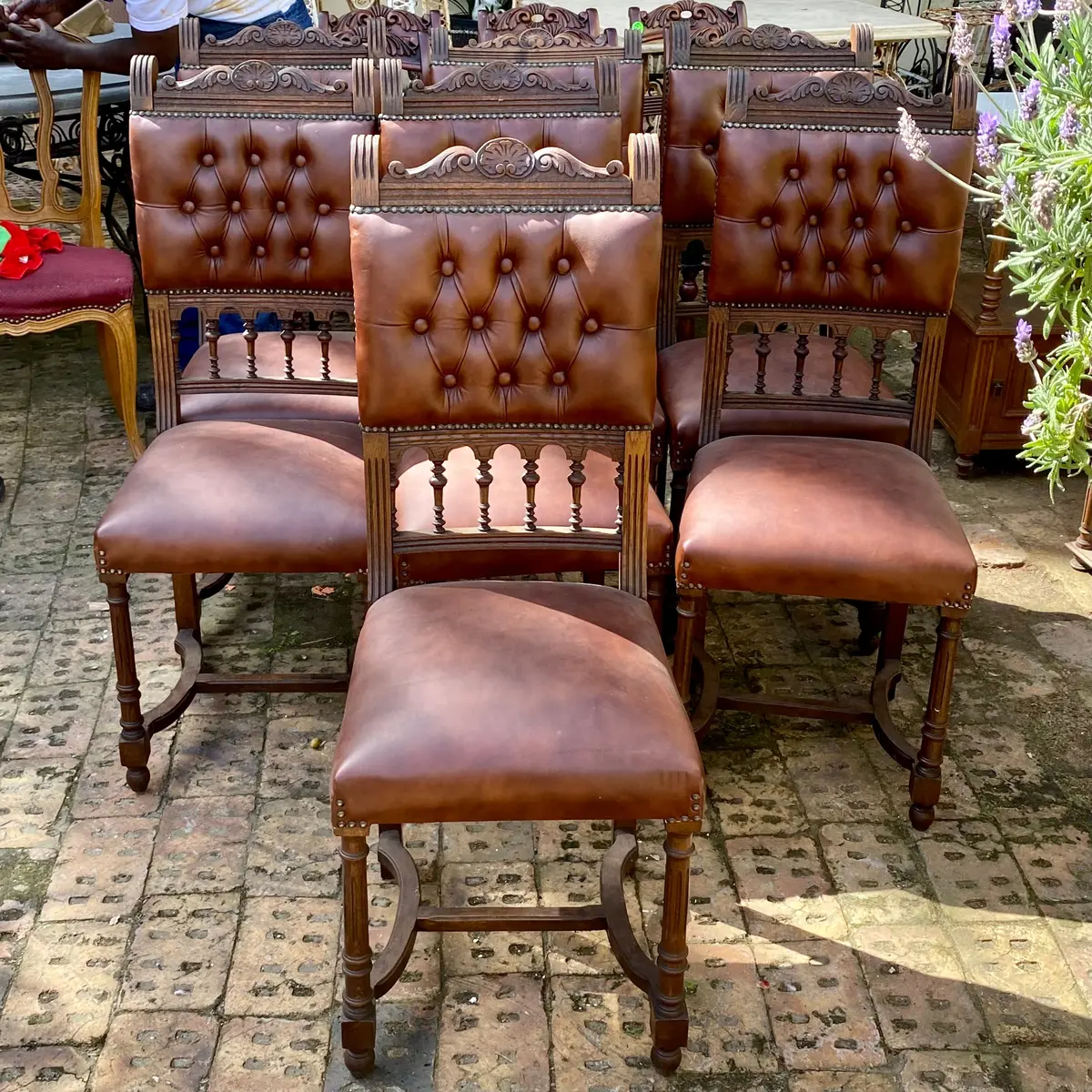 Antique Carved Oak And Leather Dining Chairs 1