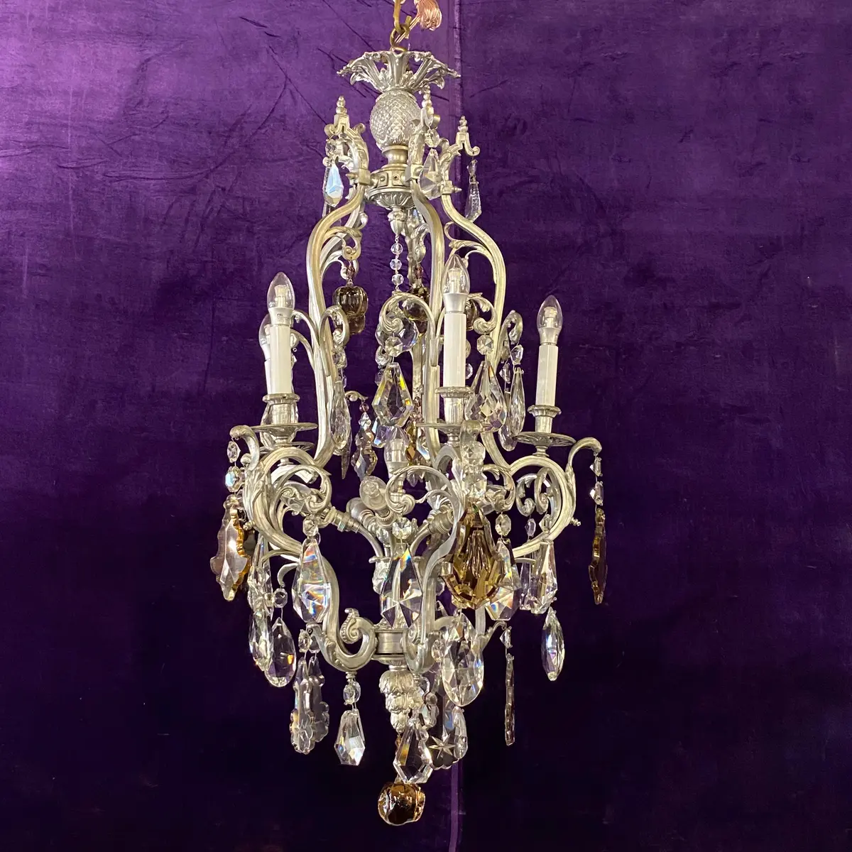 Antique French Silver Cage Crystal Chandelier 1