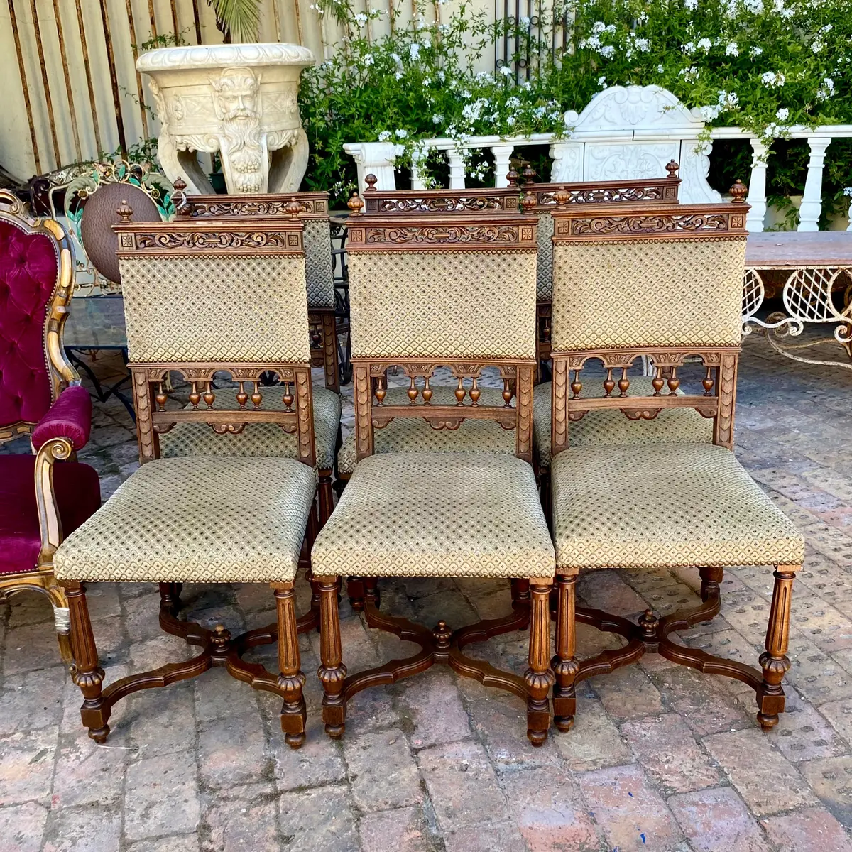 Antique Carved Oak Dining Chairs With Brass Studding 1