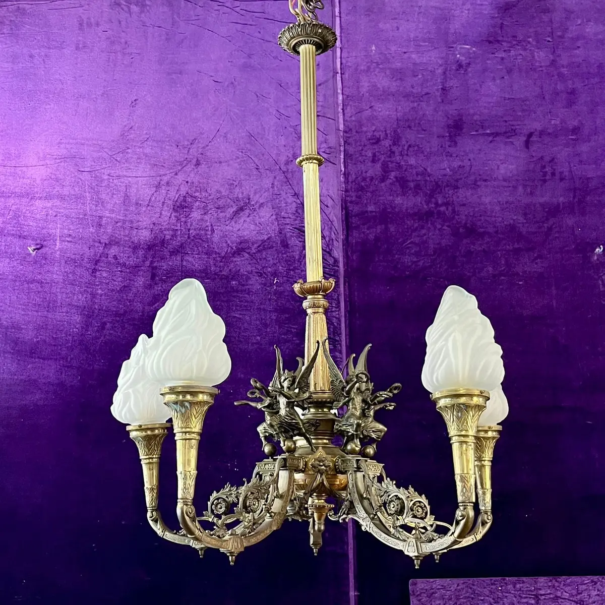 French Bronze Gasolier With Winged Victories And Original Flame Shades, Late 19Th Centur 1