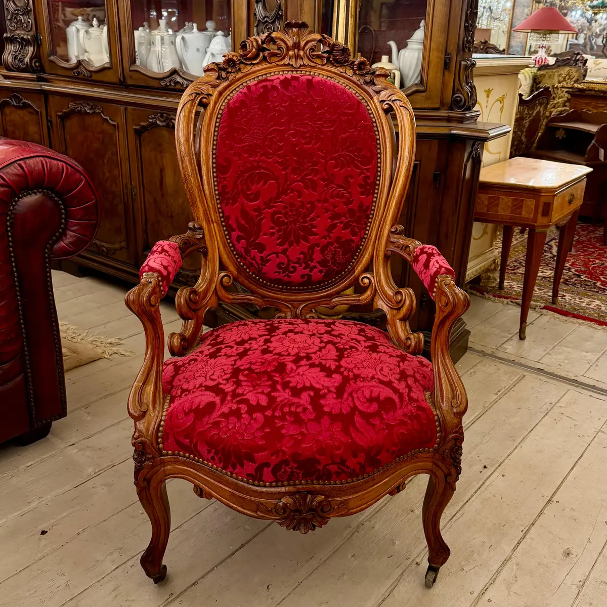 Antique Carved Oak Armchair With Luxurious Red Upholstery - Sold 1