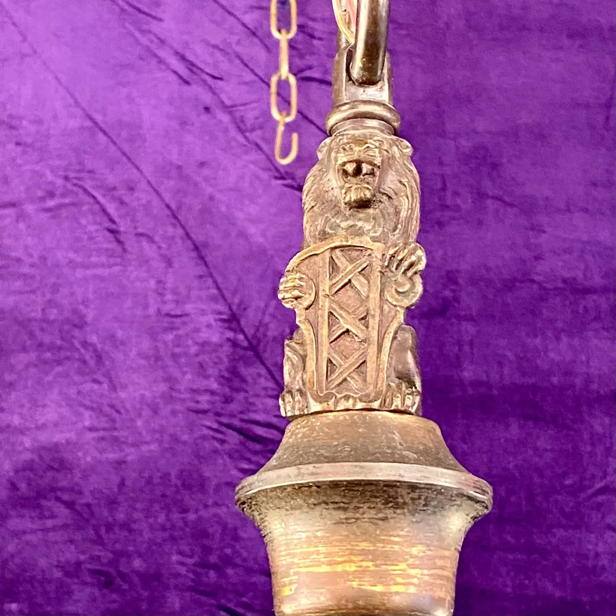 Antique Aged Brass Flemish Chandelier With Lion Detail 2