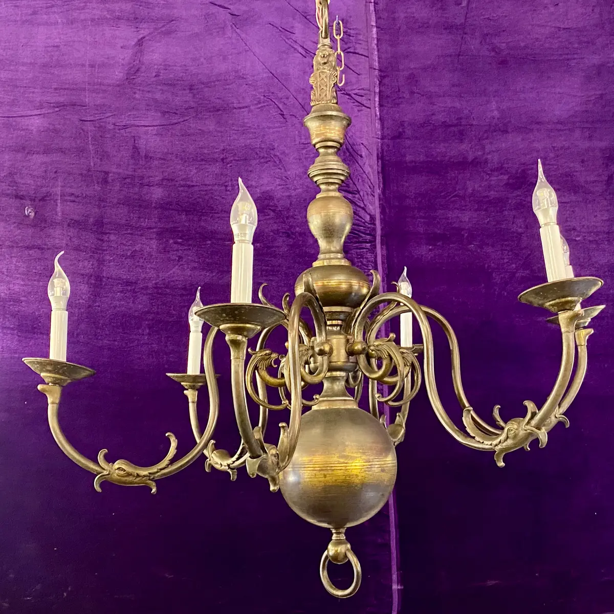 Antique Aged Brass Flemish Chandelier With Lion Detail 1