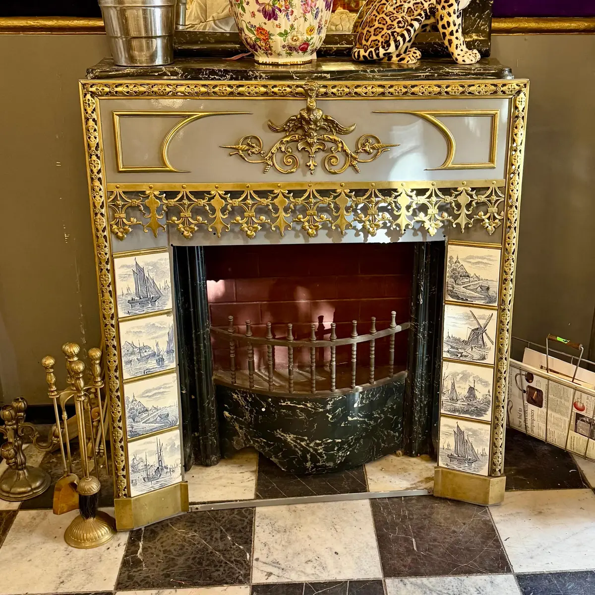 Unusual Enameled Fireplace With Delft Tiles And Gilt Brass Details 1