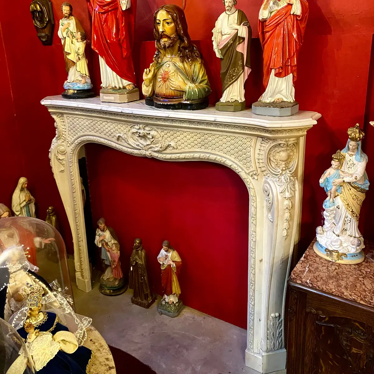 Vintage Carved Fireplace With Marble Top - Sold 1