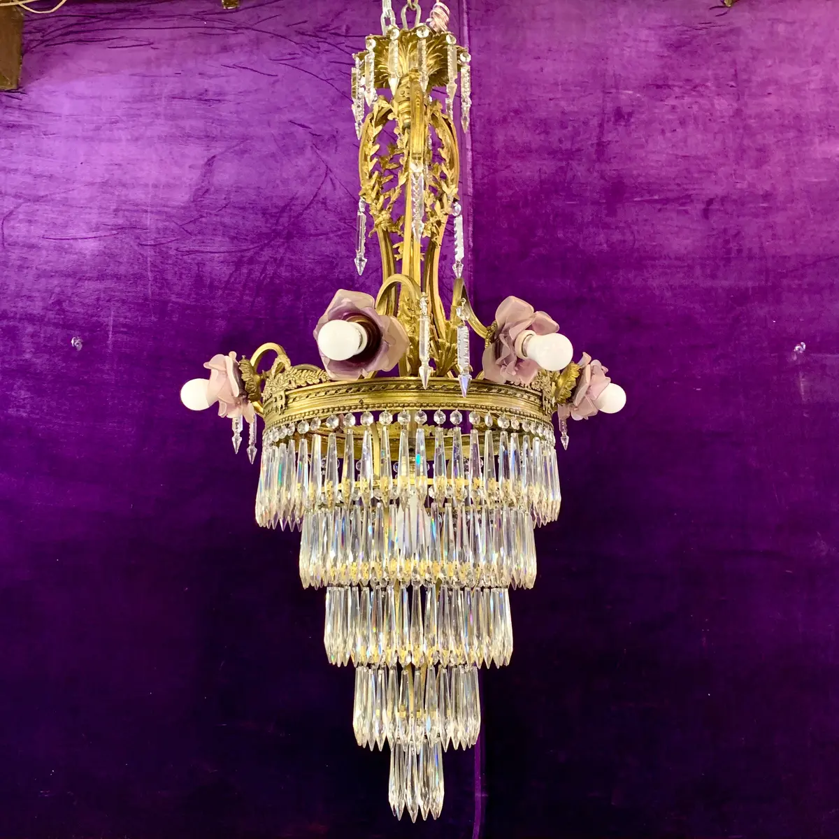 Phenomenal Antique Brass Waterfall Chandelier With Lilac Roses 1