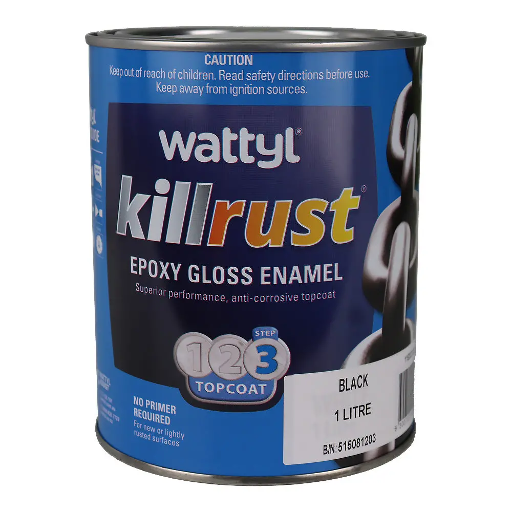 Wattyl Killrust Epoxy Gloss Enamel Black 1L Rust Protection Metal Paint 1