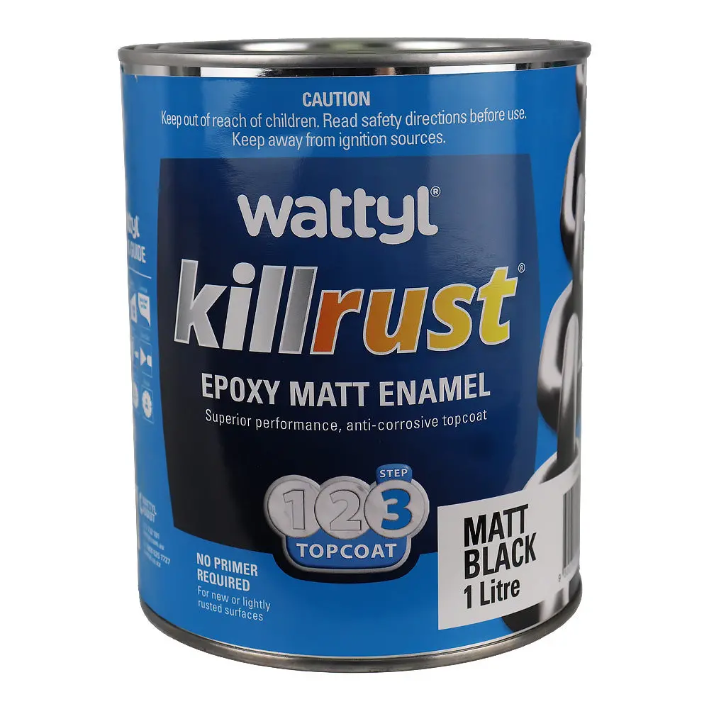 Wattyl Killrust Epoxy Enamel Matt Black 1L Rust Protection Metal Paint 1