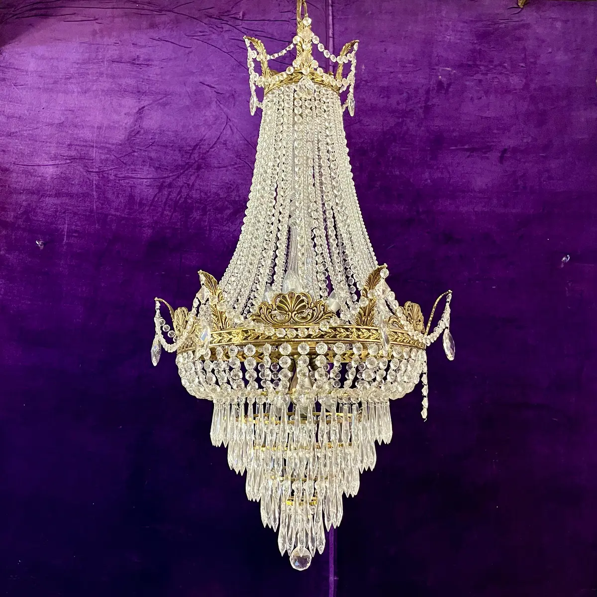 Custom Neoclassical Crystal Chandelier With Antique Brass Castings By Delos -Sold 1