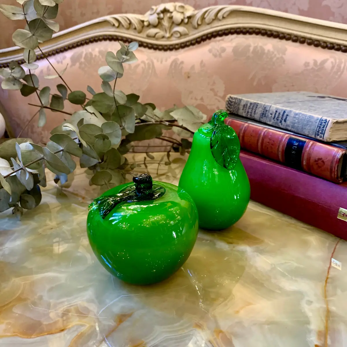 Pair Of Green Apple And Pear Murano Ornament 1