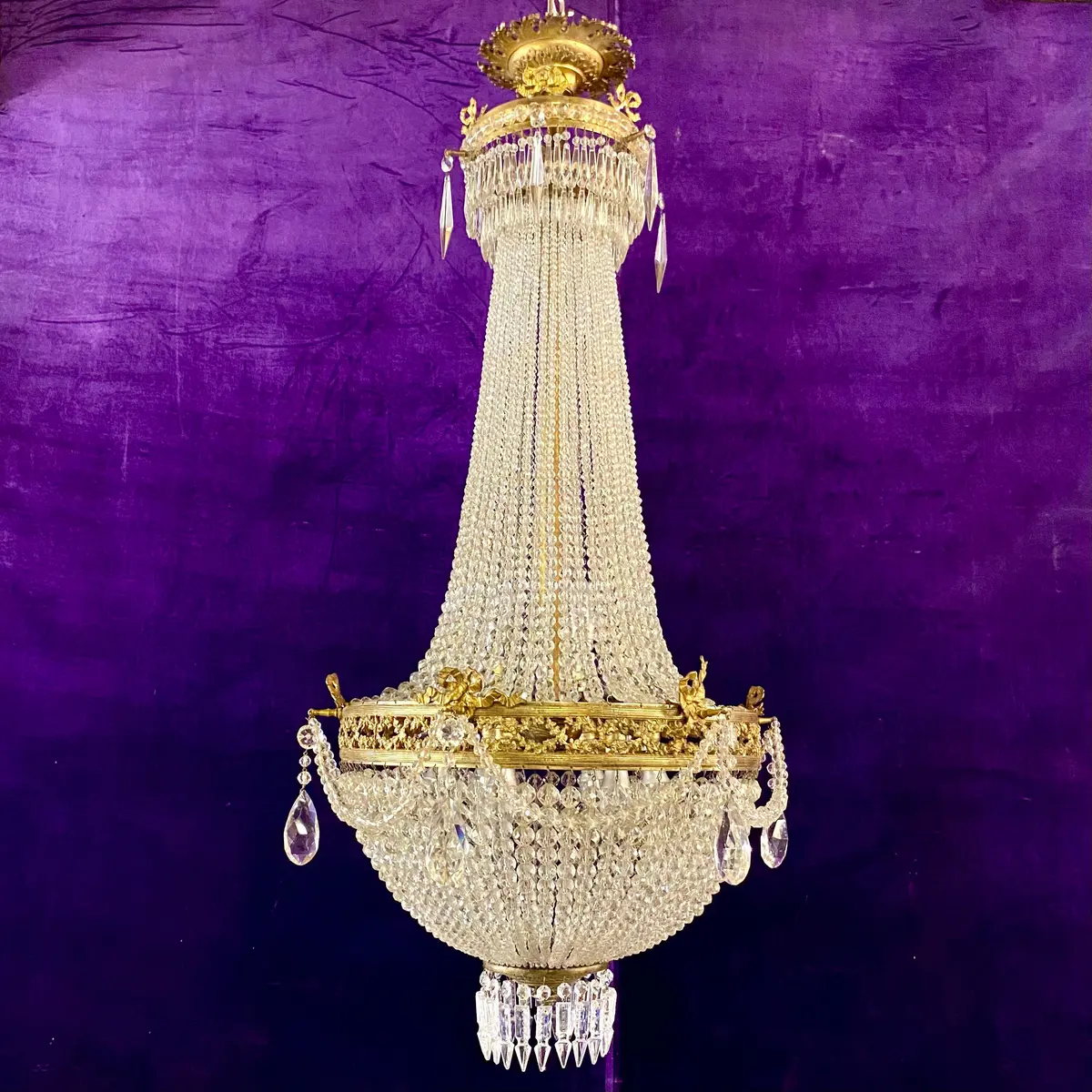 Elegant Antique Brass Bow Neo-Classical Chandelier 1