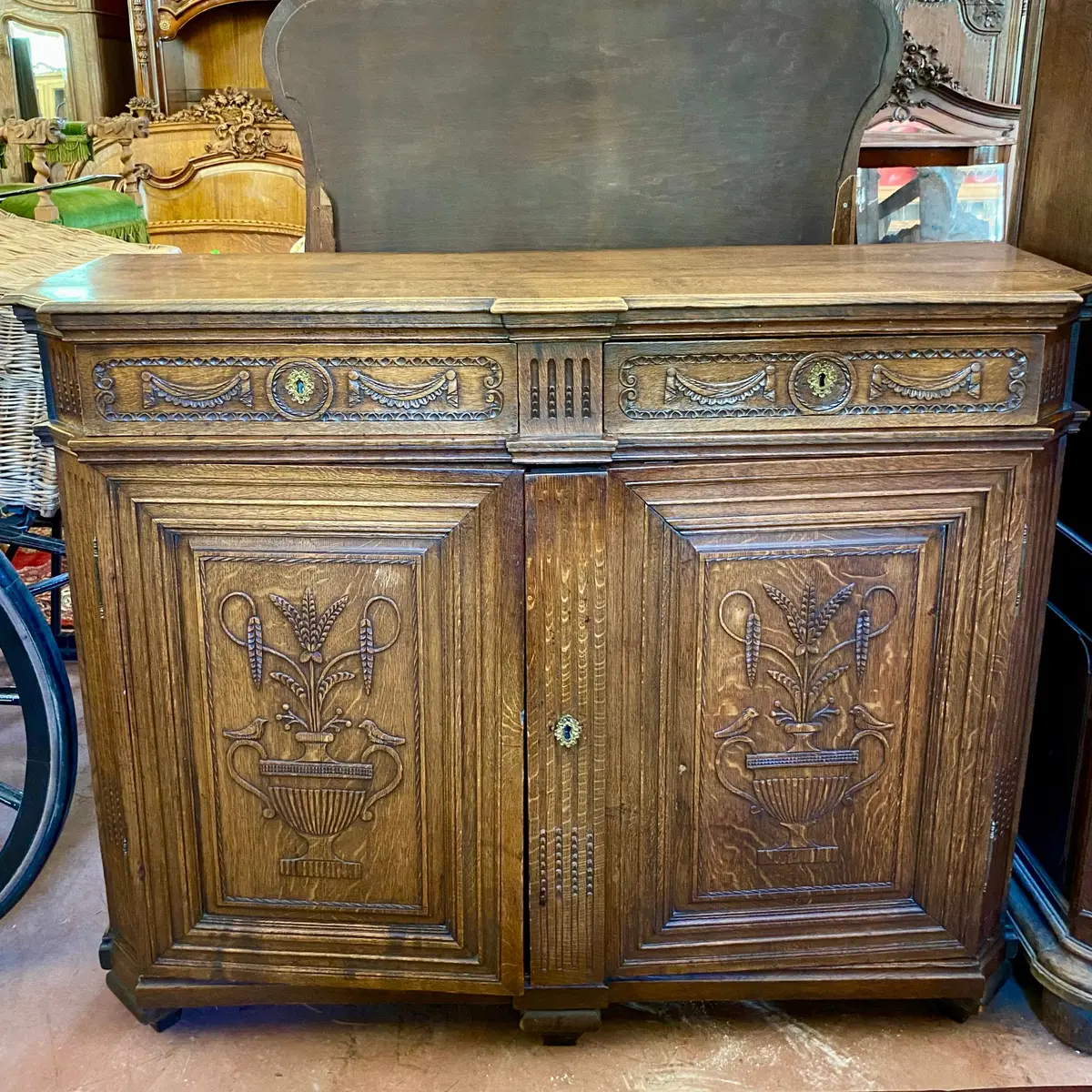 Antique Carved Oak Cabinet With Brass Fixtures 1