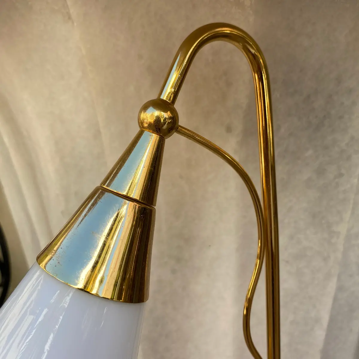 Pair Of Elegant Brass Standing Lamps With White Glass Shades - Sold 2