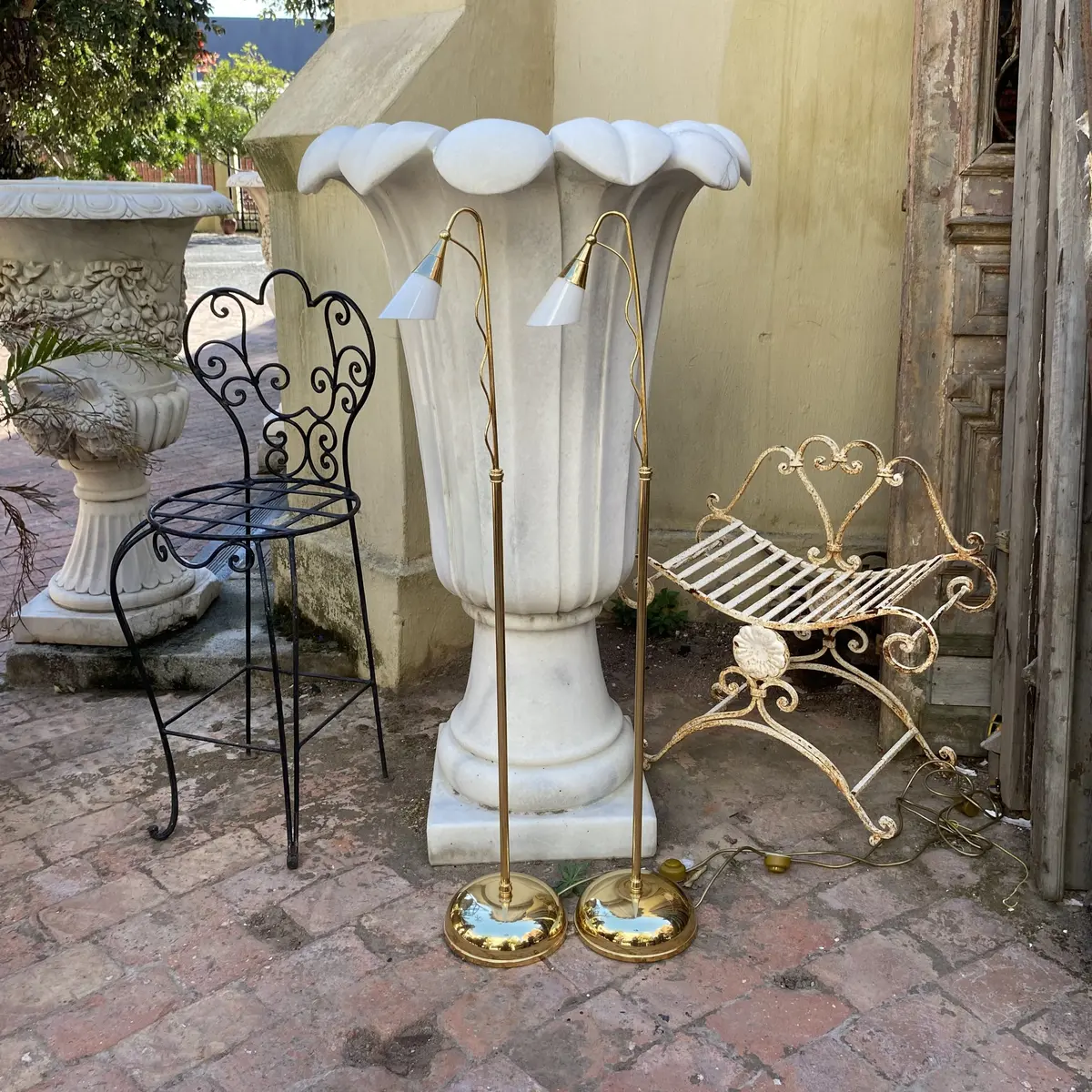 Pair Of Elegant Brass Standing Lamps With White Glass Shades - Sold 1