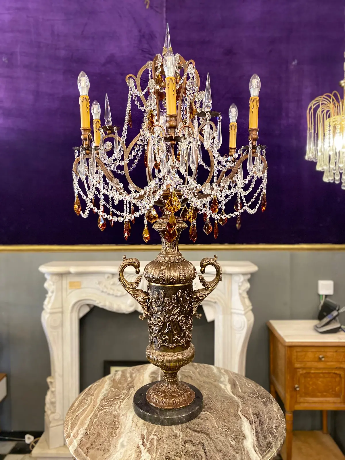 Antique Copper & Brass Lamp With Crystal Cage Chandelier & Marble Base 1