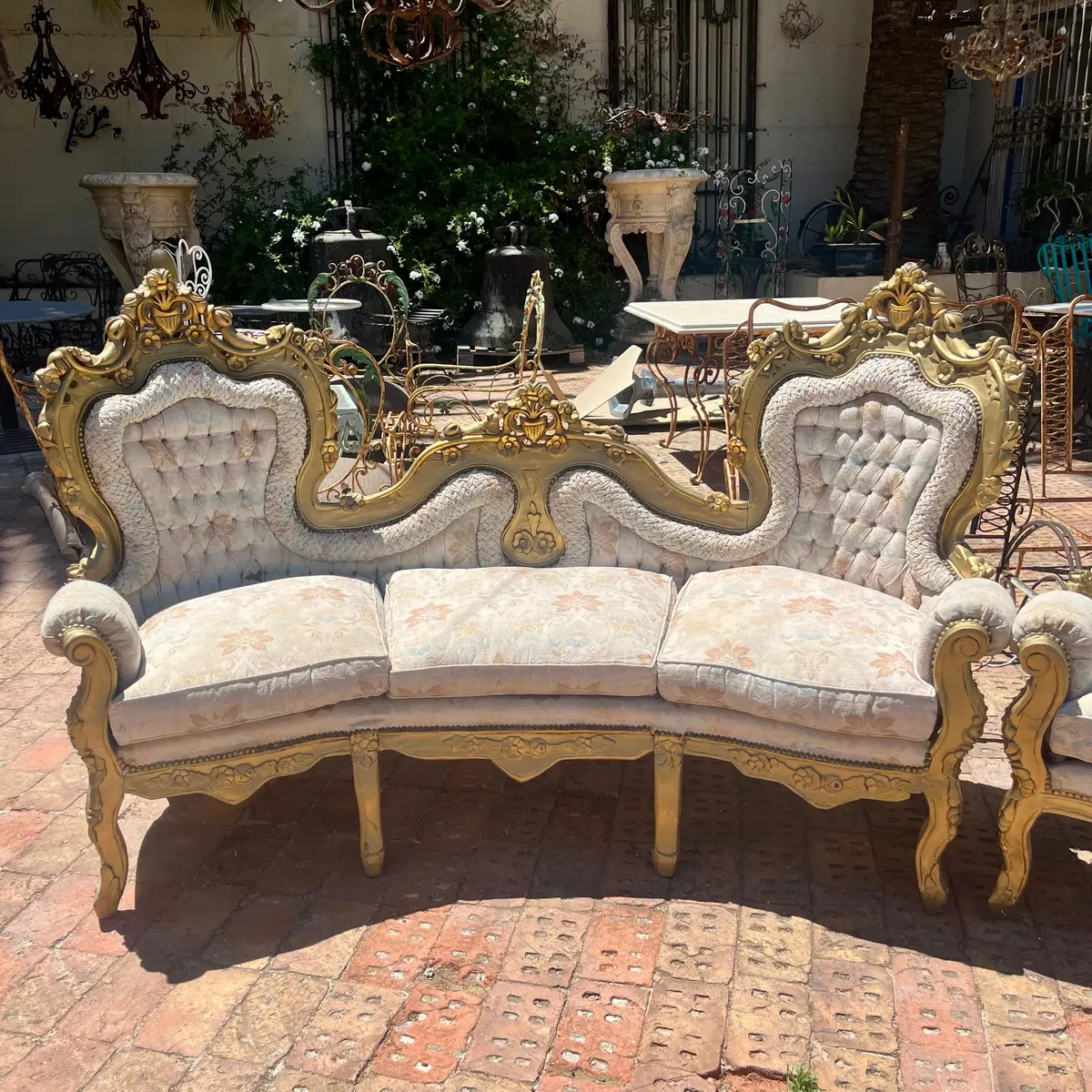 French Giltwood Tufted Salon Ensemble In Ivory Brocade 2