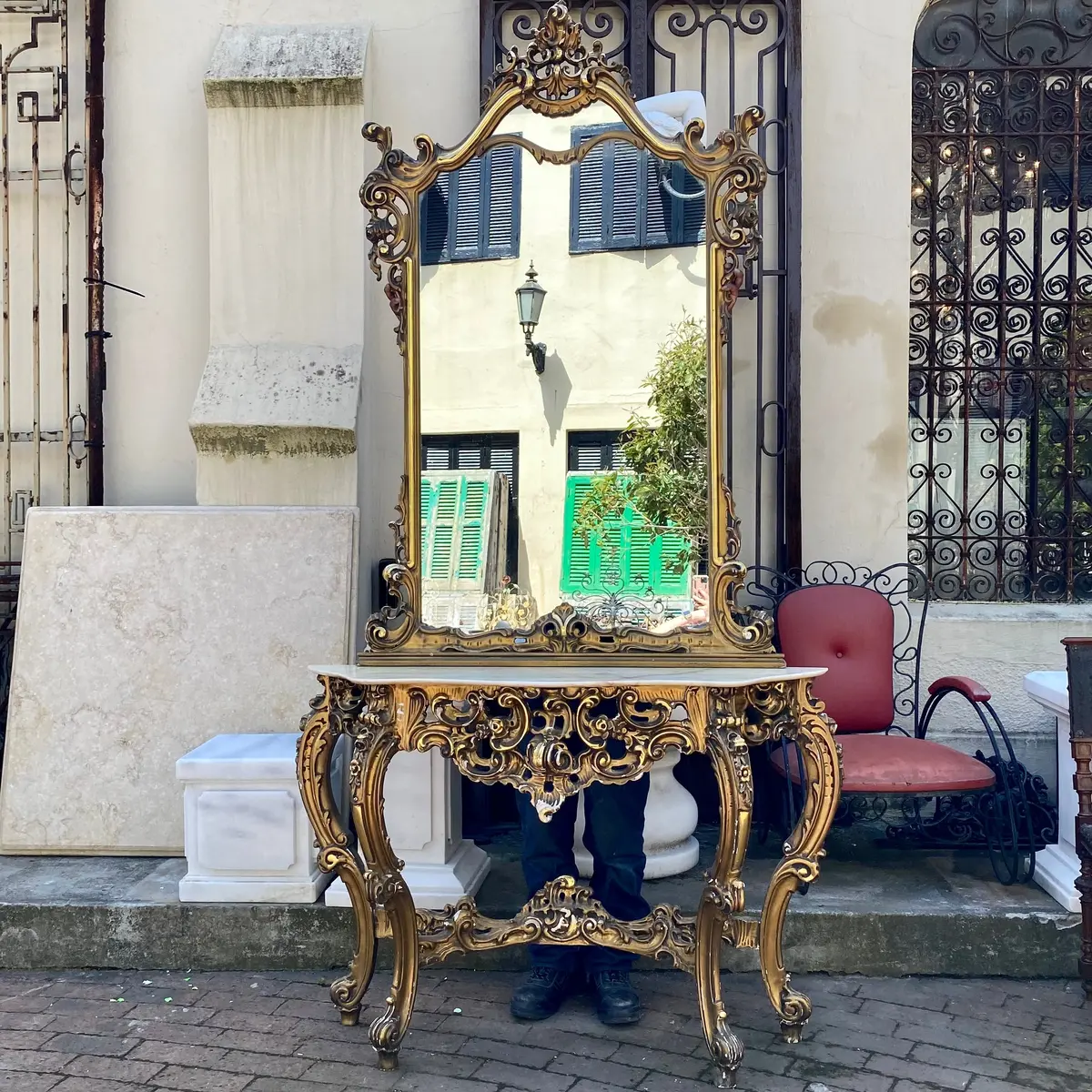 Antique Gilt Wood Mirror And Console Set With Marble Top - Sold 1