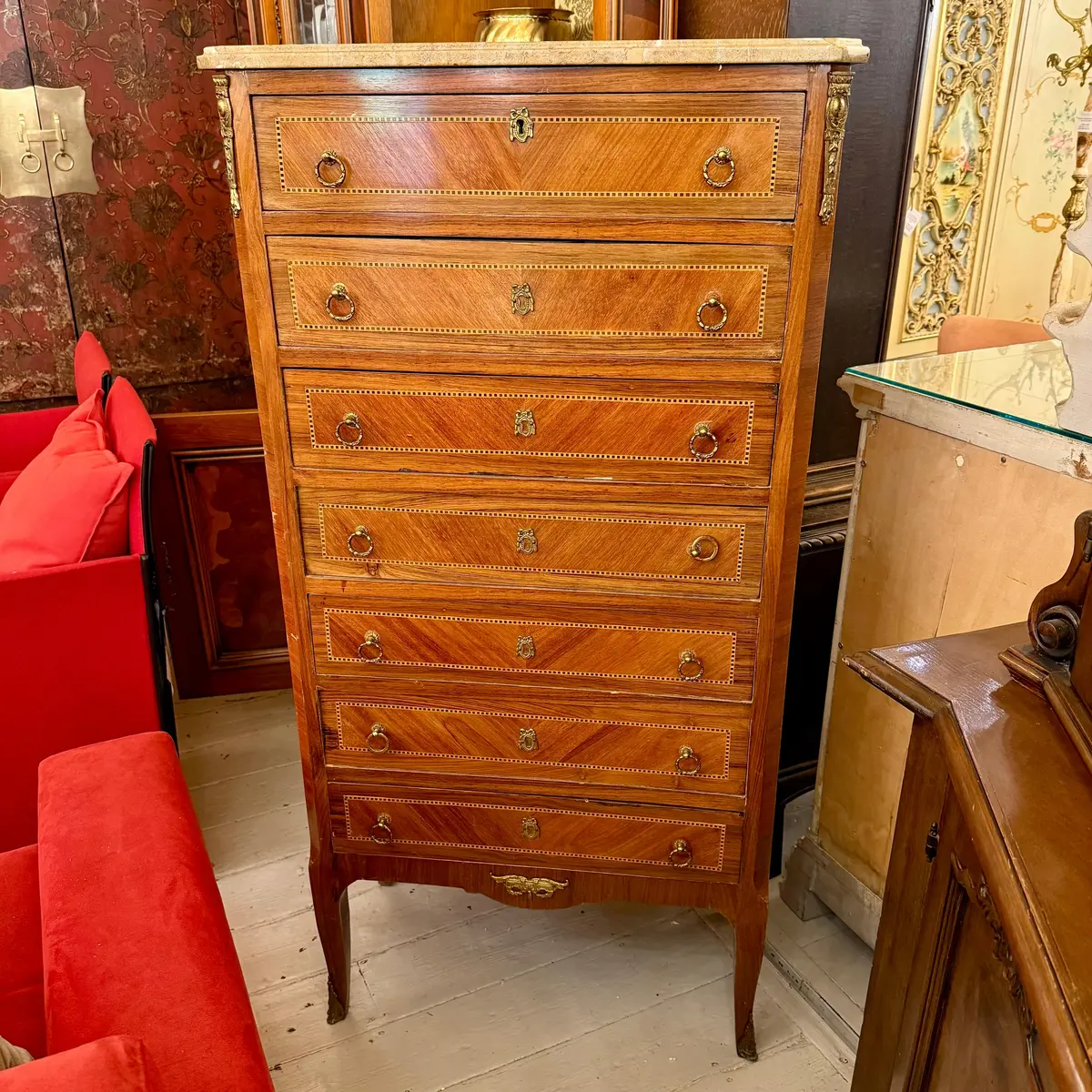 French Style Marquetry Tall Boy With Marble Top 1