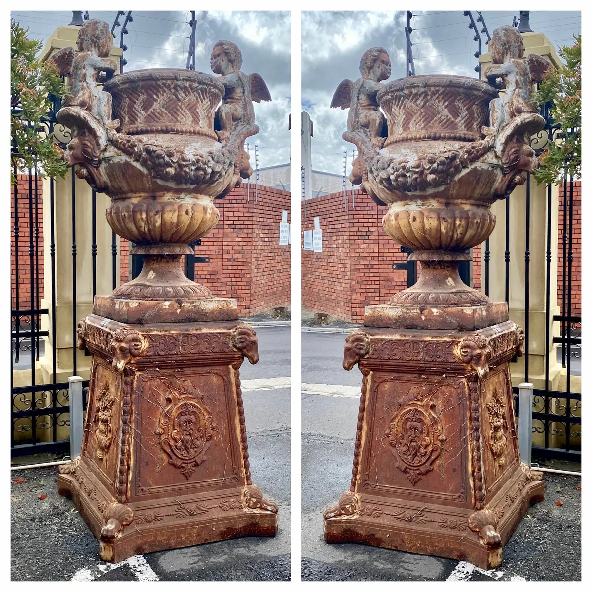 Pair Of Magnificent Antique Cast Iron Urns With Plinths - Sold 1