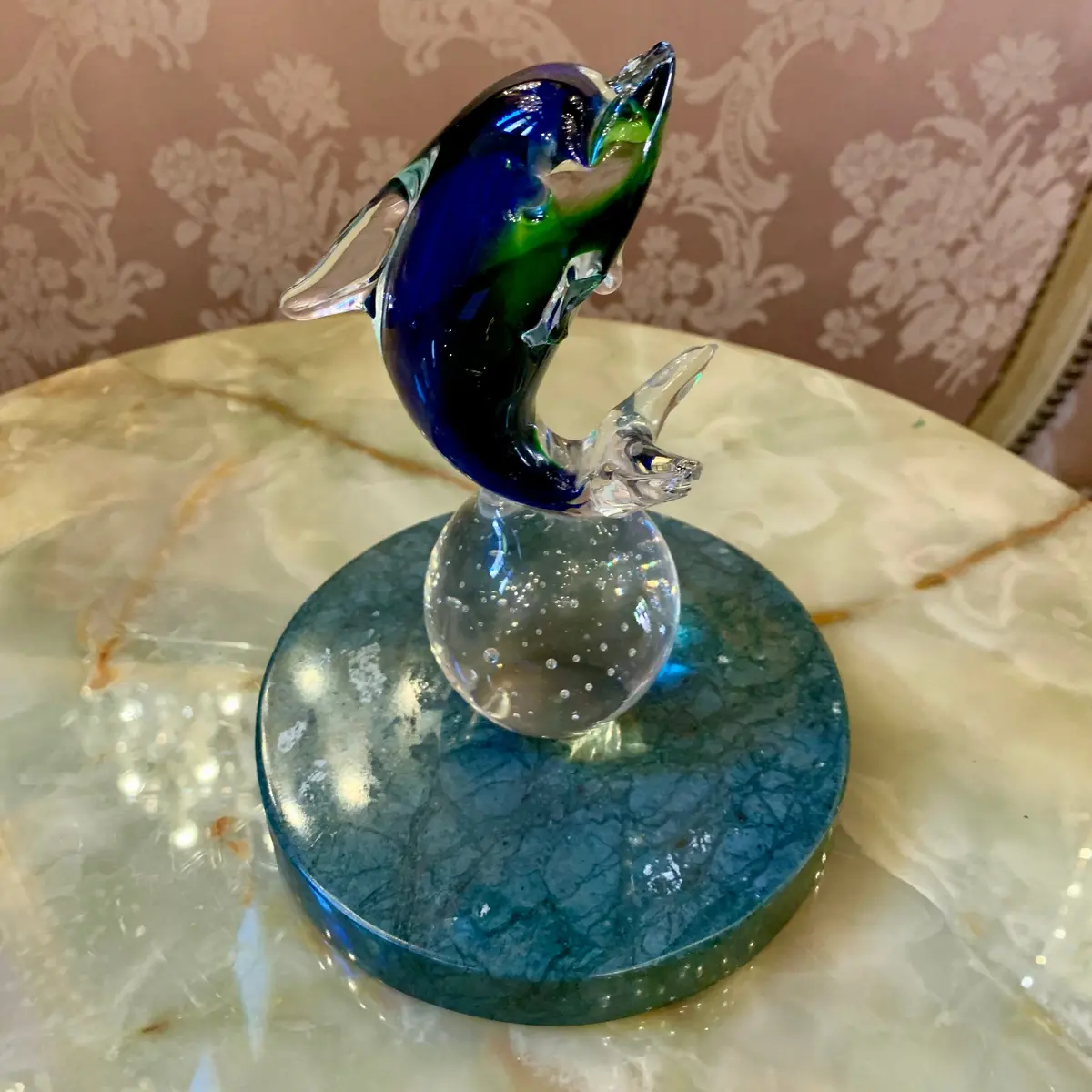 Blue Dolphin On Clear Ball Murano Ornament -Sold 1