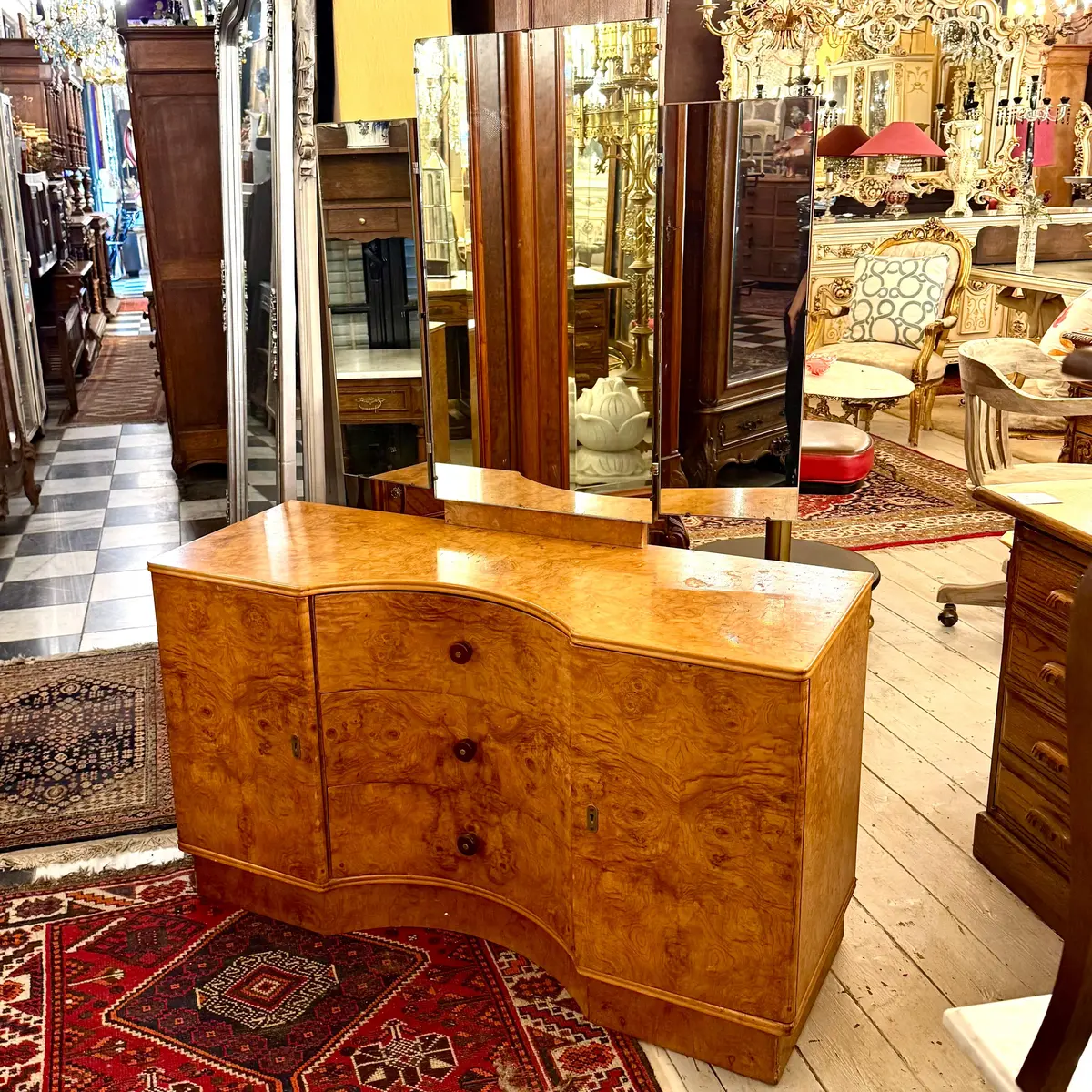 Art Deco Curved Burr Walnut Dressing Table With Triptych Mirror 1