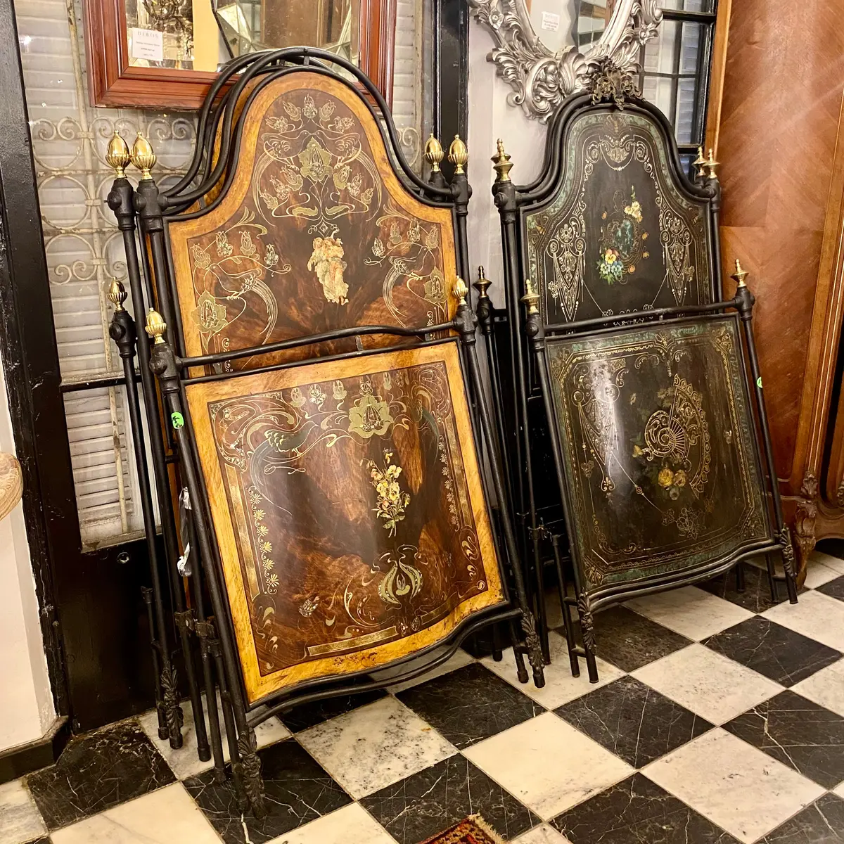 Pair Of Antique Beds With Hand Paint Detail & Mother Of Pearl Inlay 1