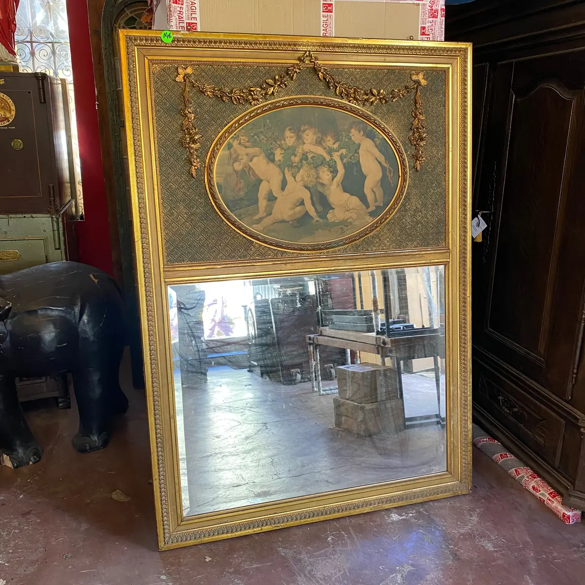 Antique Gilt Trumeau Mirror With Hand Painted Cherubs - Sold 1