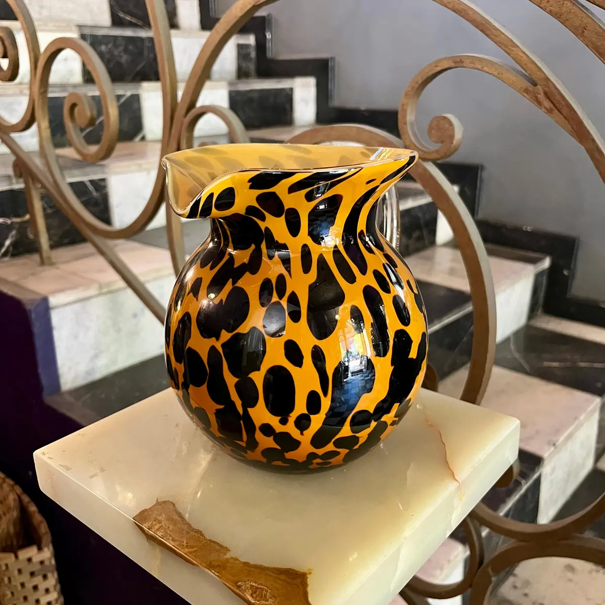 Murano Style Spotted Amber And Black Glass Pitcher With Clear Handle 1