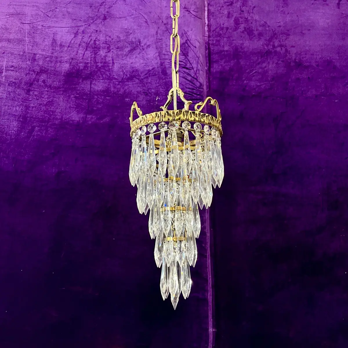 Petite Brass And Crystal Waterfall Chandelier By Delos, Contemporary - Sold 1