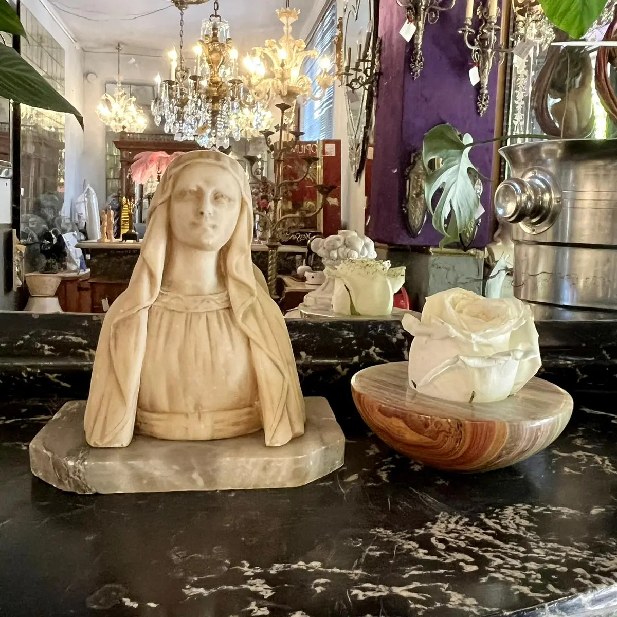 Cream Marble Mary Bust On Mottled Grey Marble Base 1