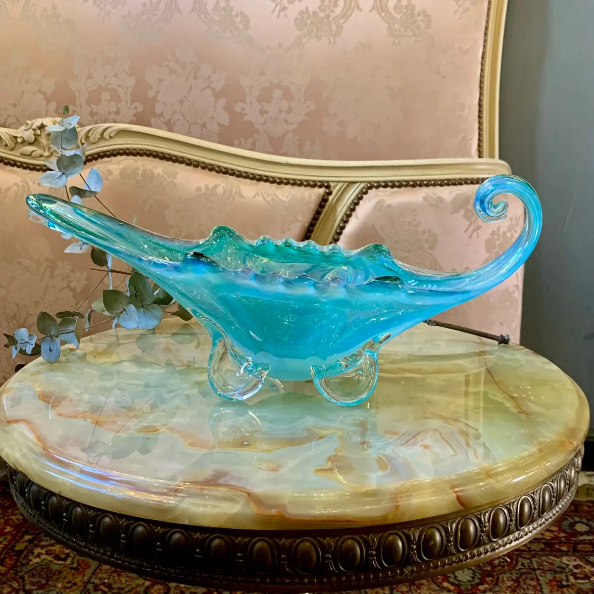Stunning Sky Blue Murano Bowl With Gold Wisps 1