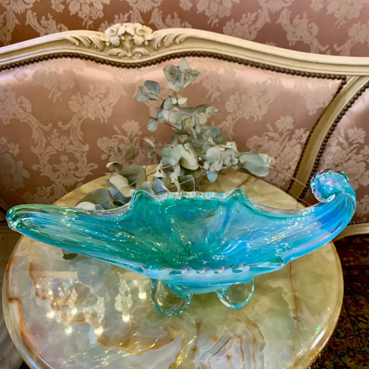 Stunning Sky Blue Murano Bowl With Gold Wisps 2