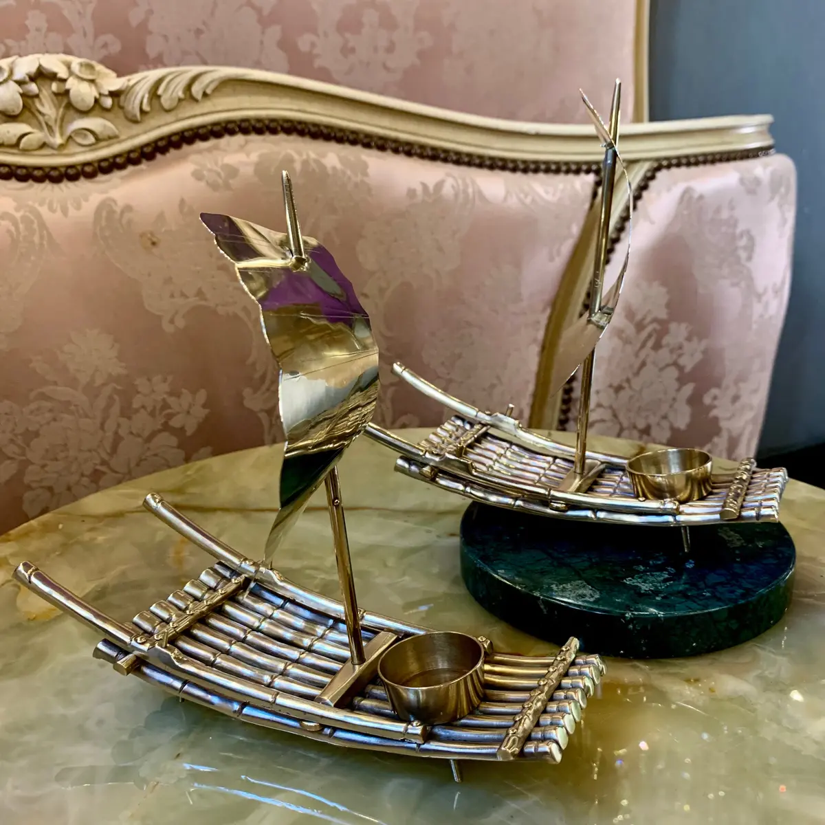 Pair Of Polished Brass Ship Tealight Holders - Sold 1