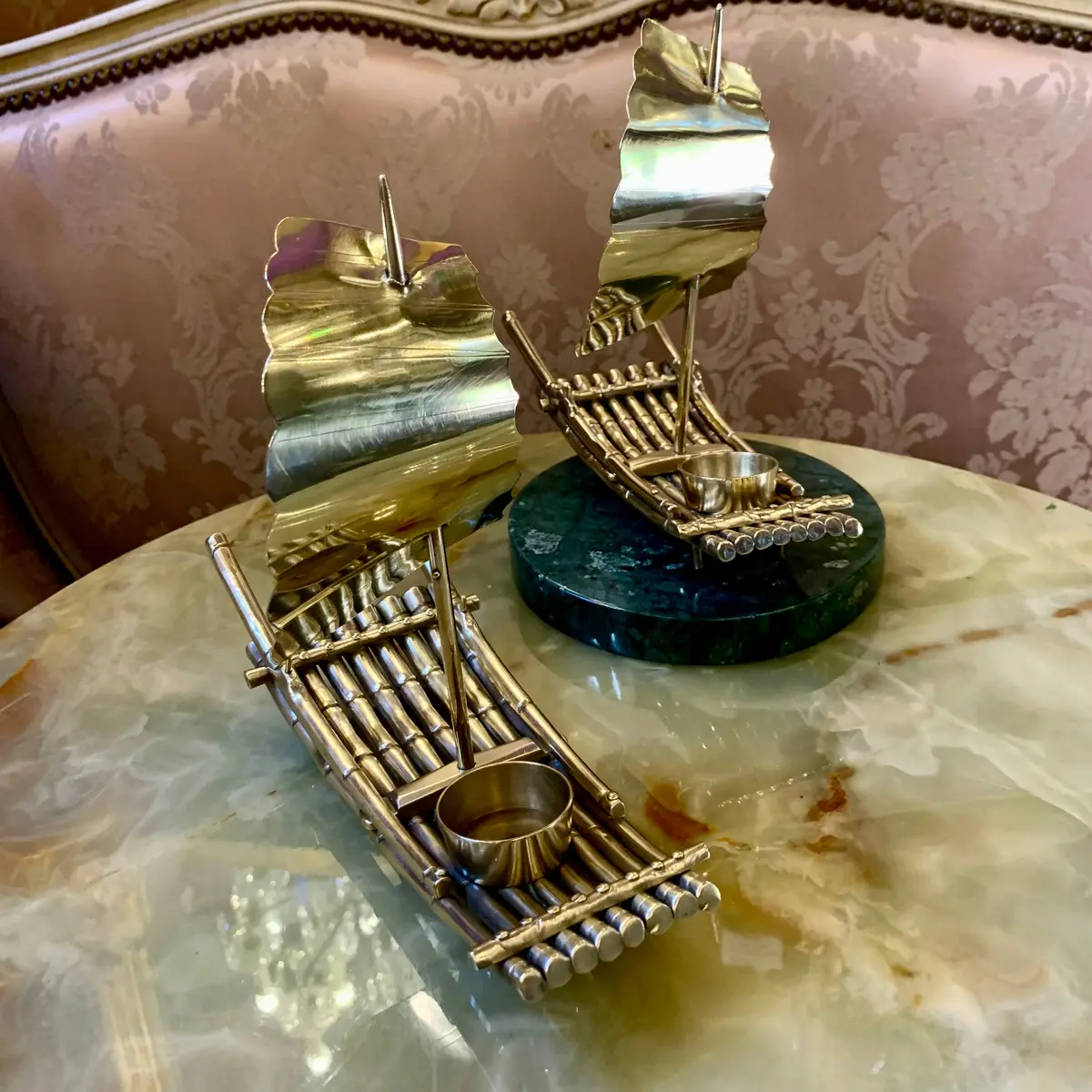 Pair Of Polished Brass Ship Tealight Holders - Sold 2