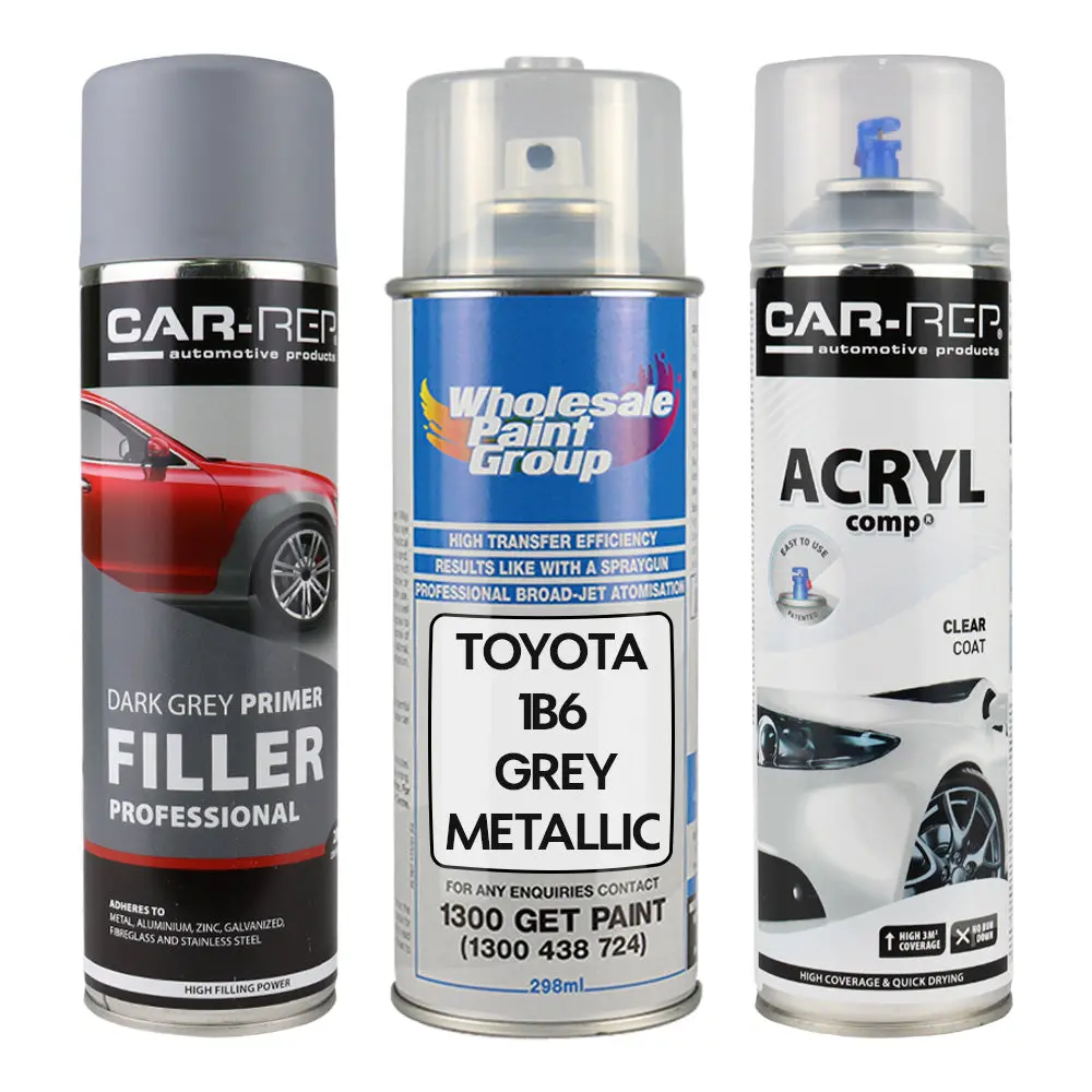 Auto Car Touch Up Spray Paint For Toyota 1B6 Grey Metallic Plus 1K Clear Coat & Primer 1