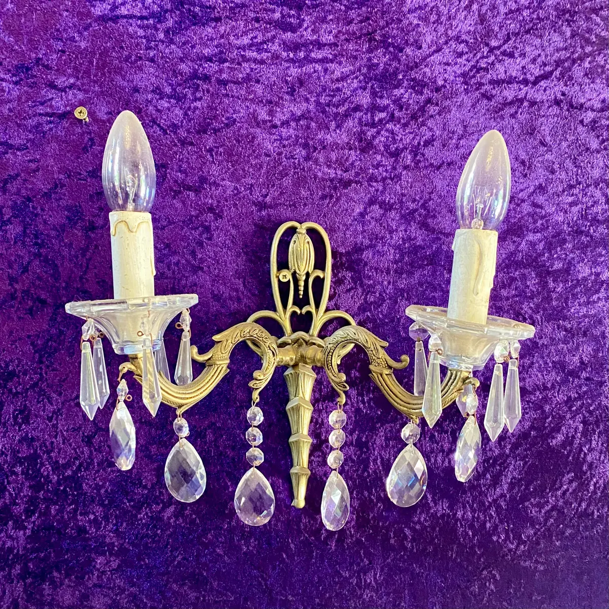 An Antique Cast Brass And Crystal Wall Sconce 1