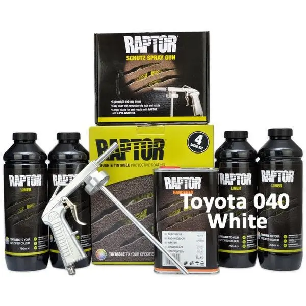 U-Pol Raptor Tintable For Toyota 040 White Protective Bed Liner Kit 4L + Schutz Gun 1