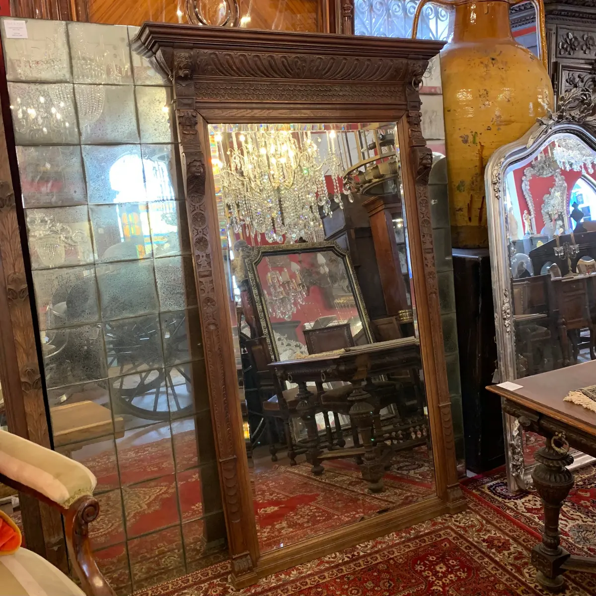 Large Dark Oak Breton Mirror With Lady Carving 1