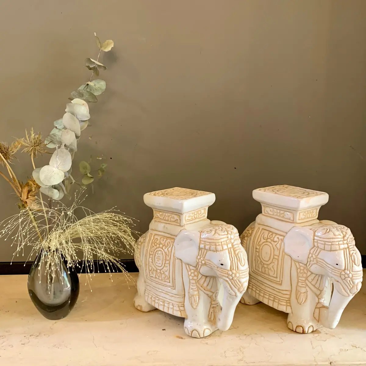Beautiful Pair Of Vintage Glazed Ceramic Elephants 1