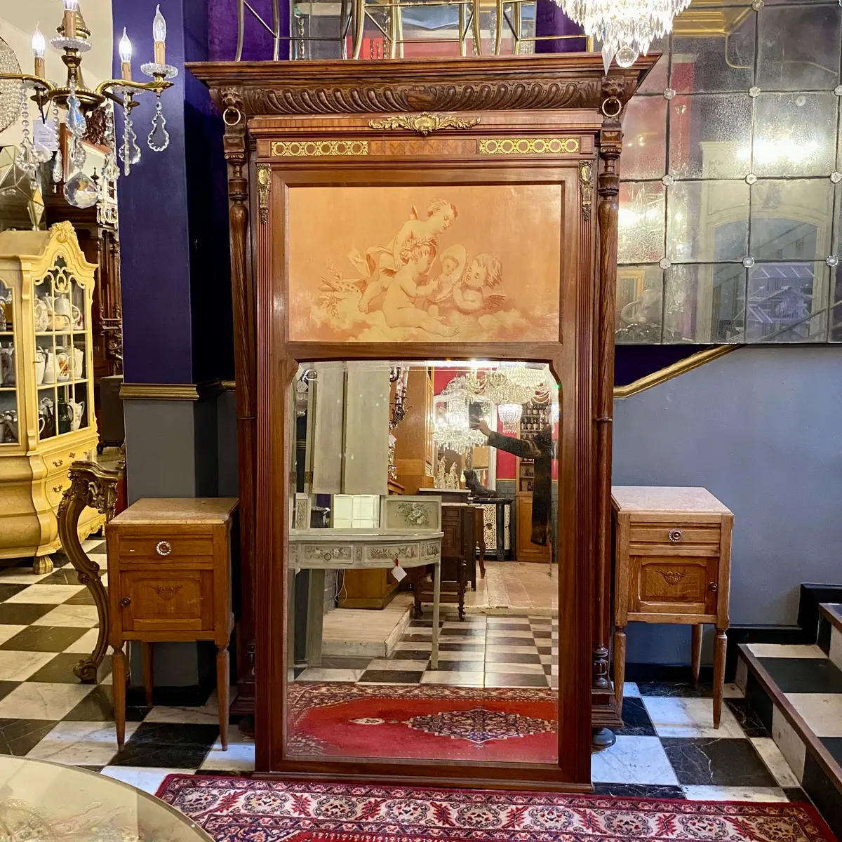 Large Antique Oak Mirror With Painted Cherubs 1